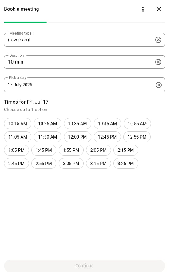 WhatsApp chat showing available dates and time slots