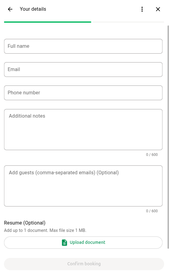 WhatsApp chat showing the booking questions form