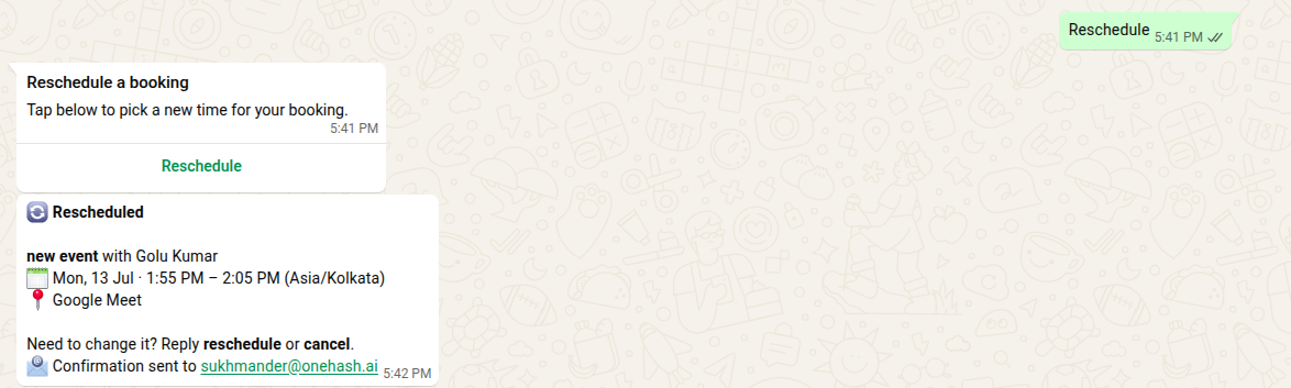 WhatsApp chat listing upcoming bookings for rescheduling