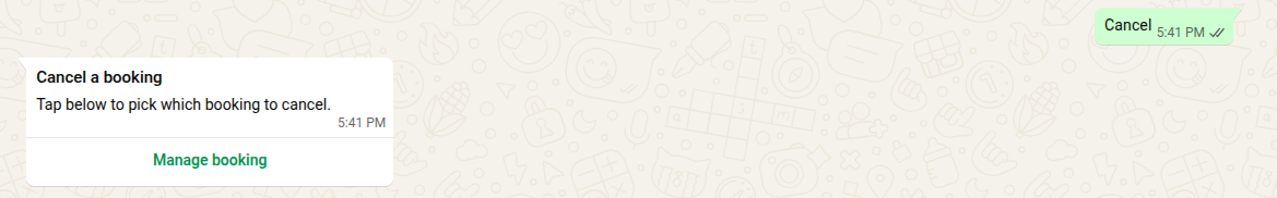 WhatsApp chat listing active bookings for cancellation