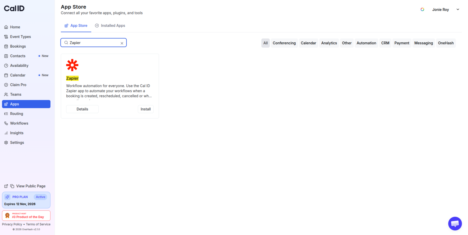 Zapier app details page in the Cal ID App Store, describing the integration above an Install button