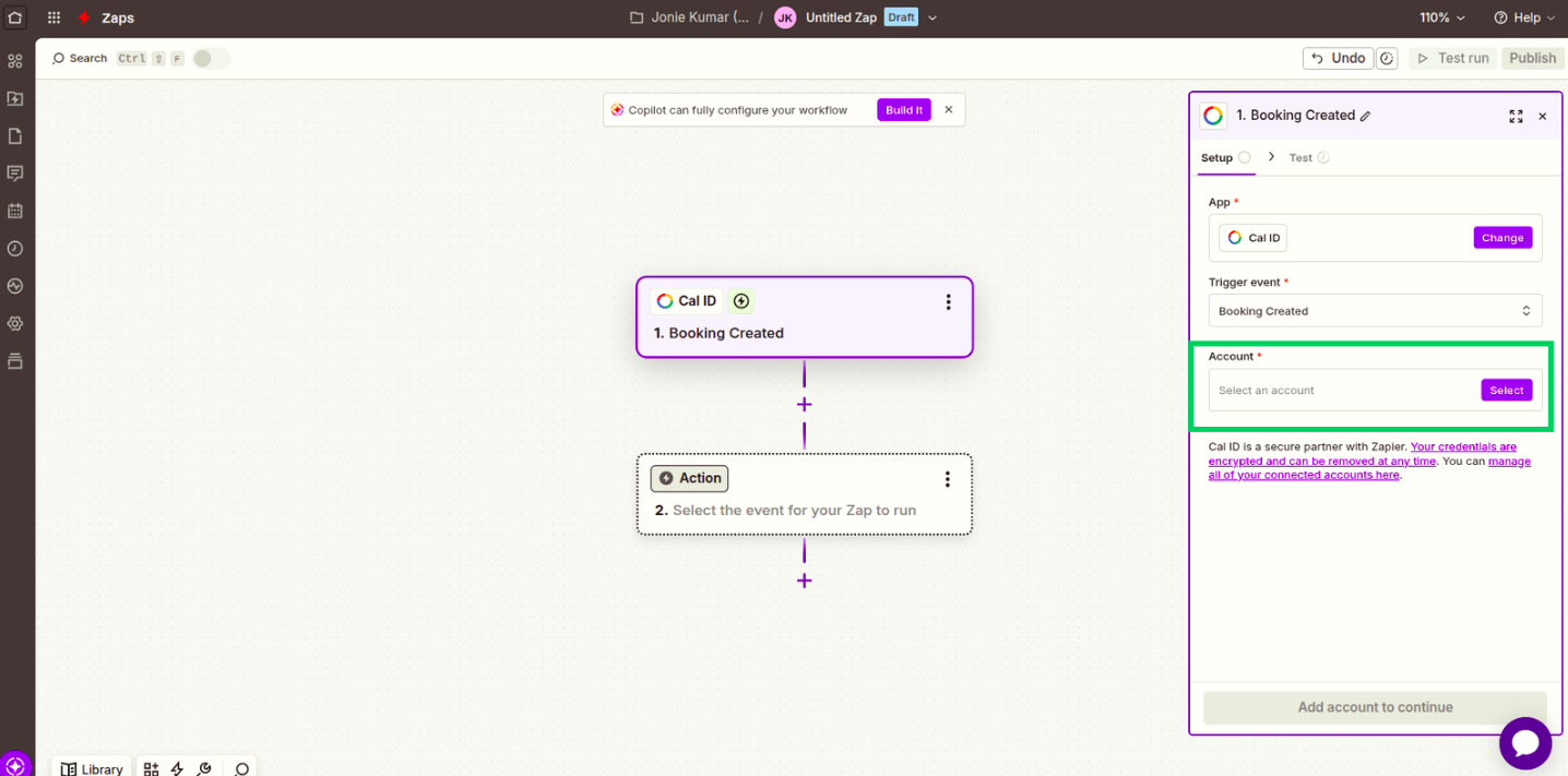 Zapier connection dialog with the Cal ID API key field and the Yes, Continue to Cal ID button