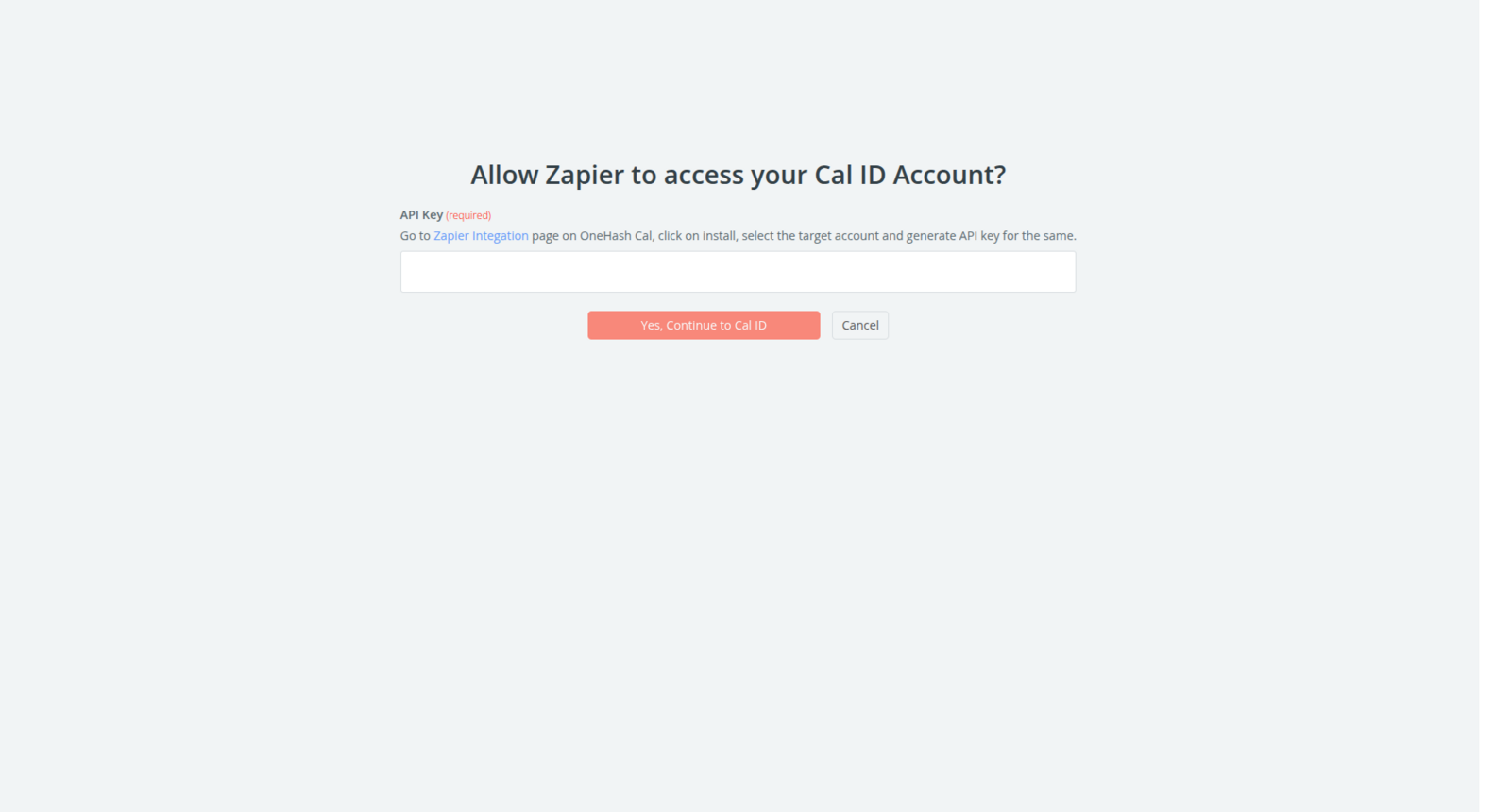 Zapier account step showing the connected Cal ID account selected and ready to continue