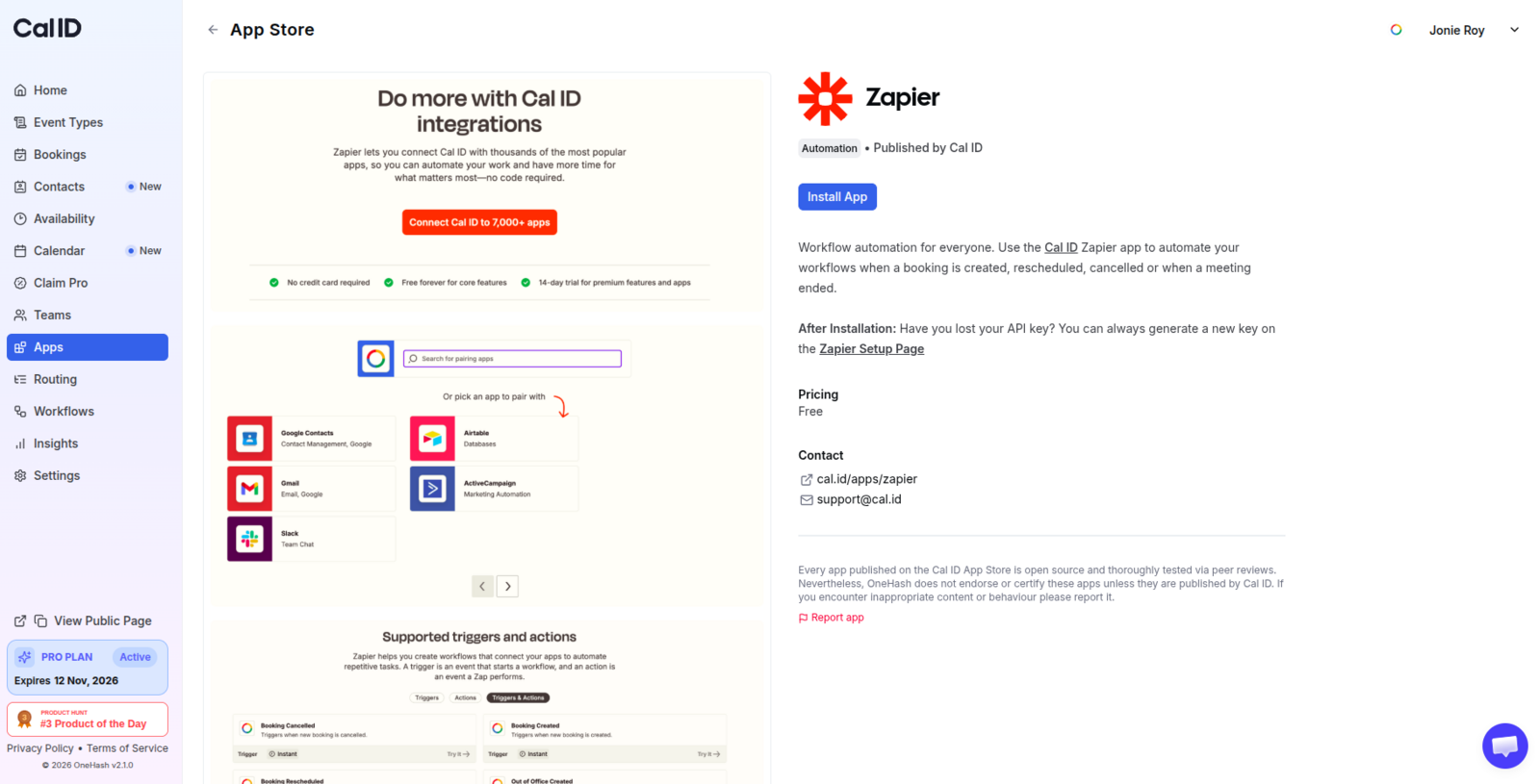 Zapier app page in Cal ID with the Install button selected
