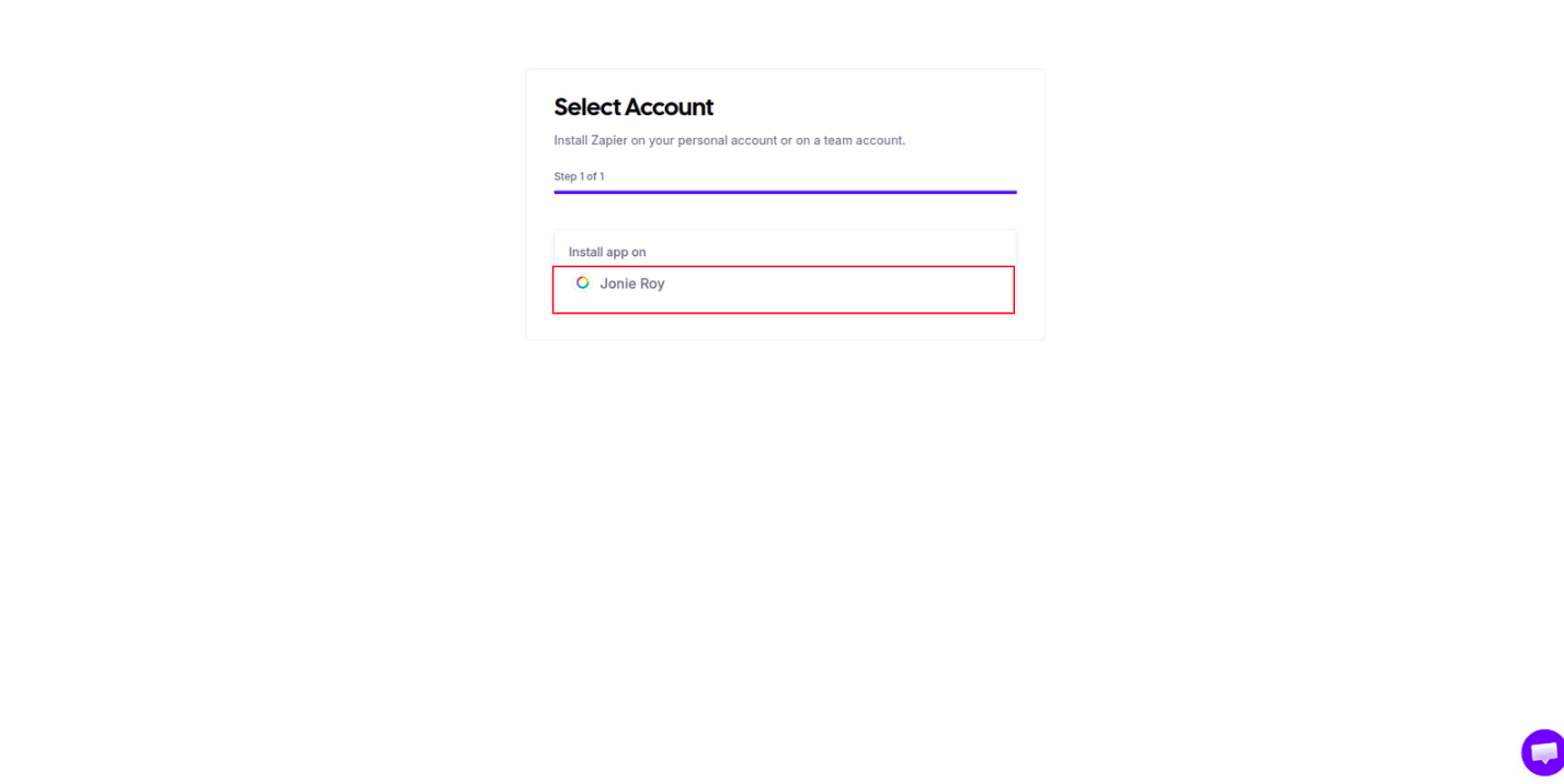 Account picker listing your personal account and any teams to install Zapier on