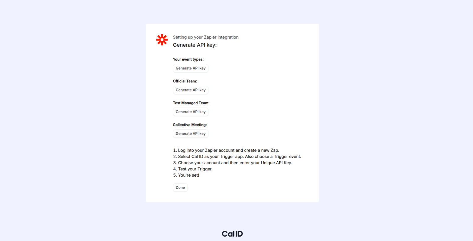 API page listing your Personal Account and the teams where you're an Admin or Owner, each with a Generate API Key button