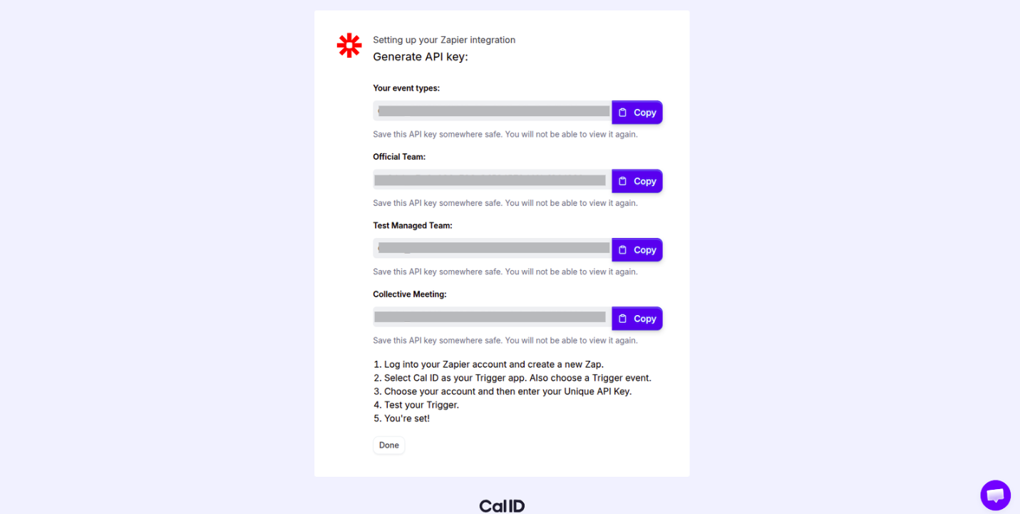 API page with Generate API Key selected for one account and the newly created key displayed