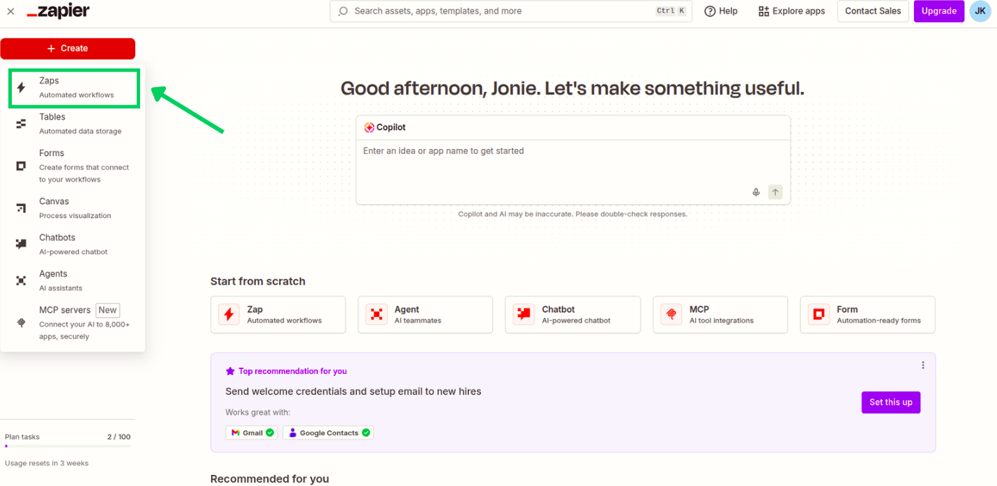 Zapier dashboard with the Create Zap button in the top left corner