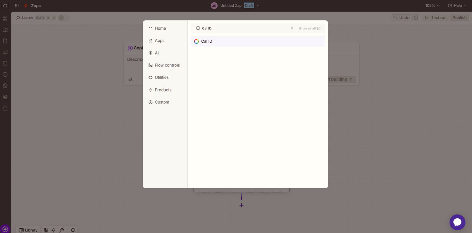 Zapier trigger step with Cal ID chosen as the app and the trigger event field below it