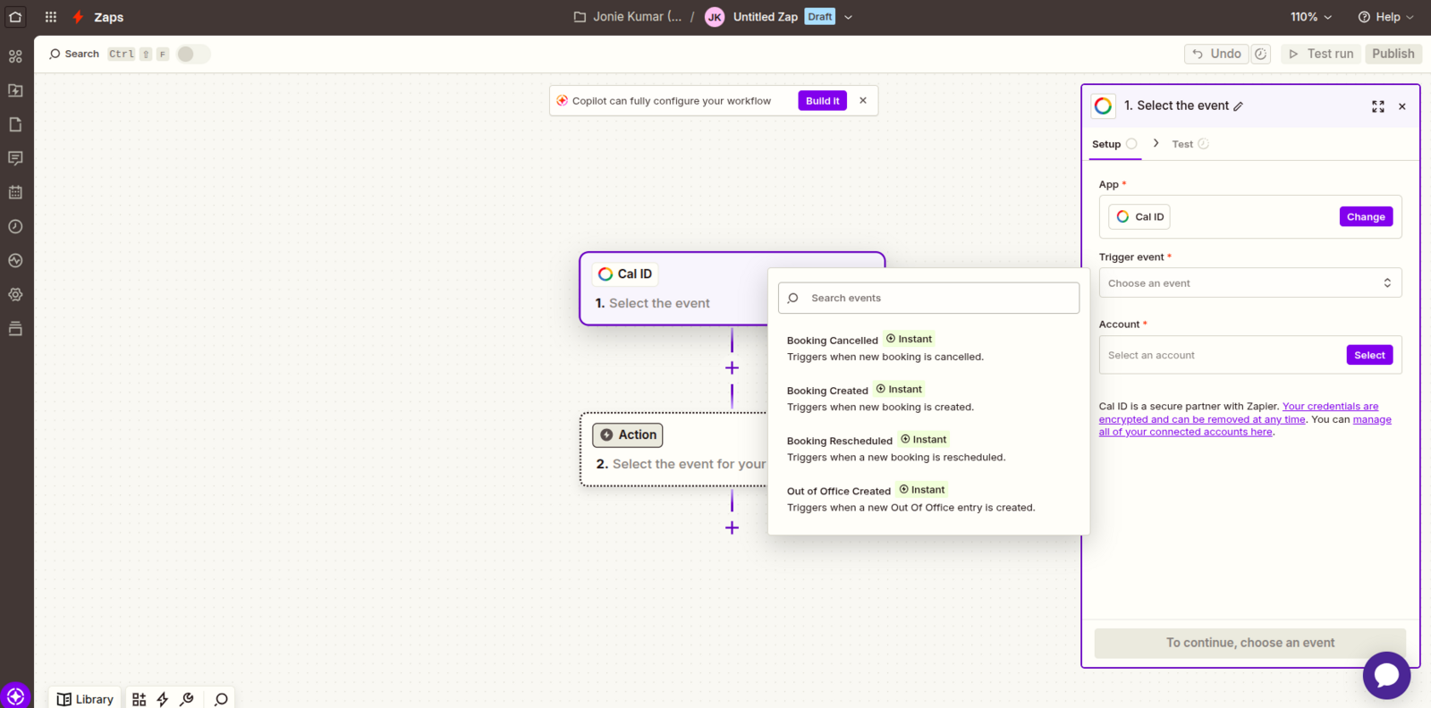 Zapier trigger event dropdown with Booking Created selected from the list of Cal ID triggers