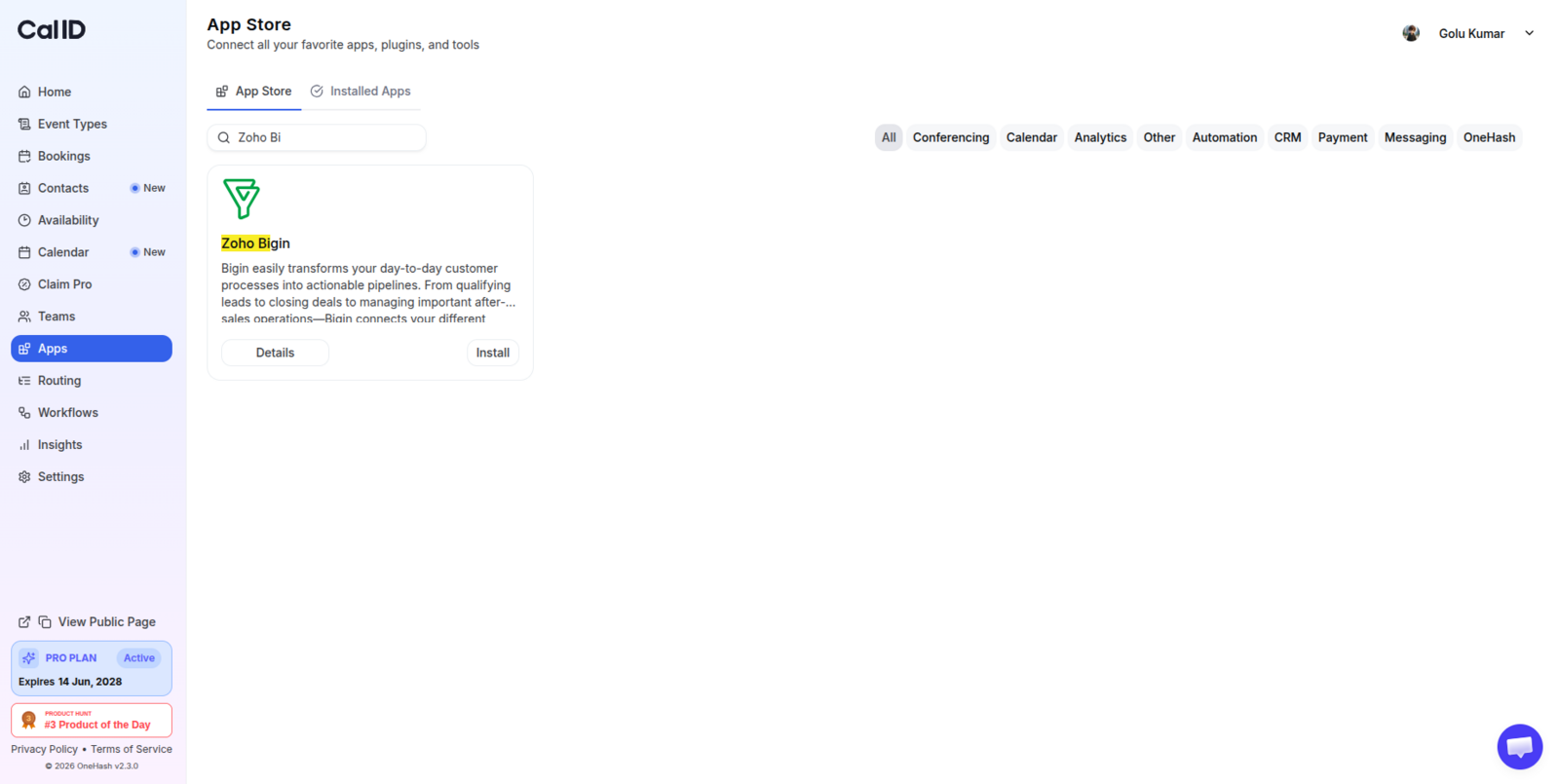 App Store search results showing the Zoho Bigin card with its short description and Details button