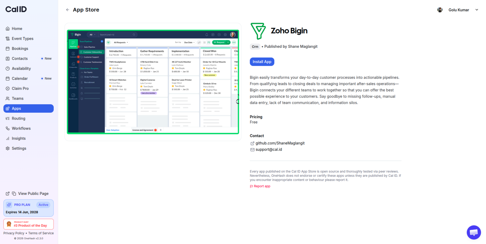 Zoho Bigin app detail page with the Install App button at the top