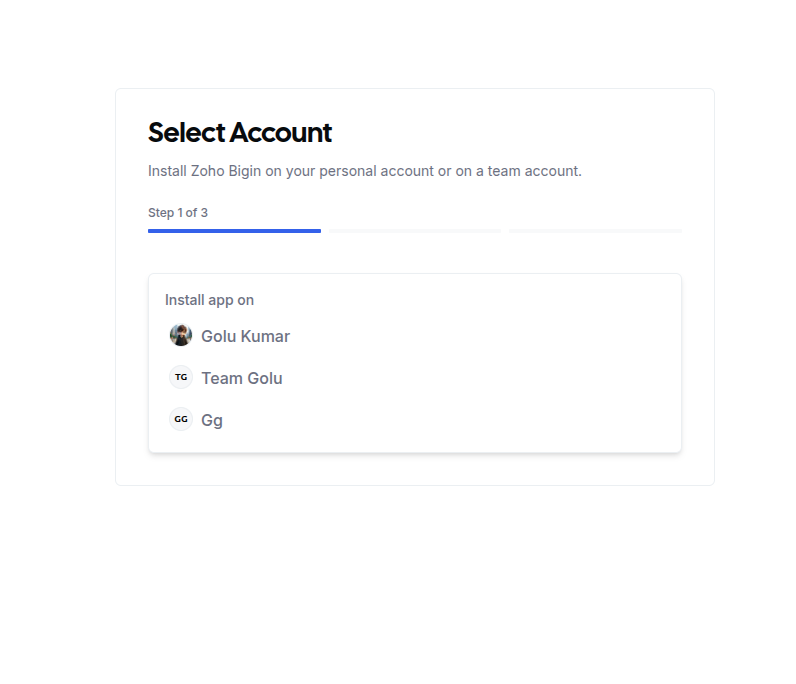 Account picker for the Zoho Bigin install, listing your Team profiles and your Personal profile