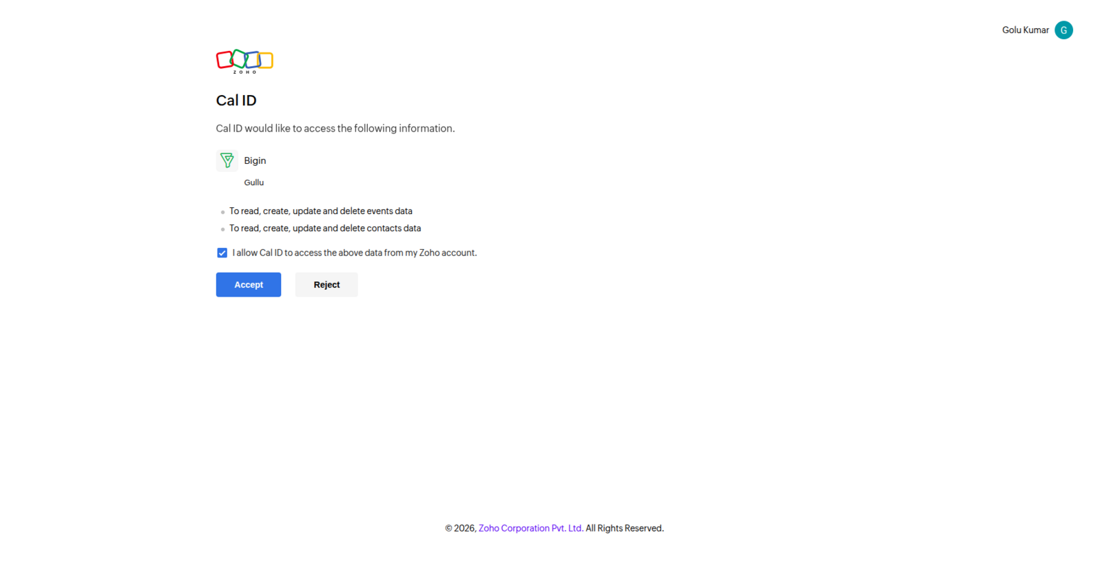 Zoho Bigin consent screen listing the permissions Cal ID requests, with Accept and Reject buttons