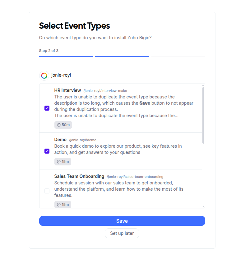 Event type mapping screen for Zoho Bigin, listing your event types with selection controls and a configure later link
