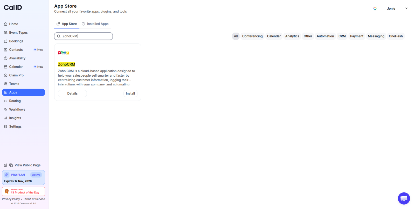App Store search results showing the ZohoCRM card with its short description and Details button