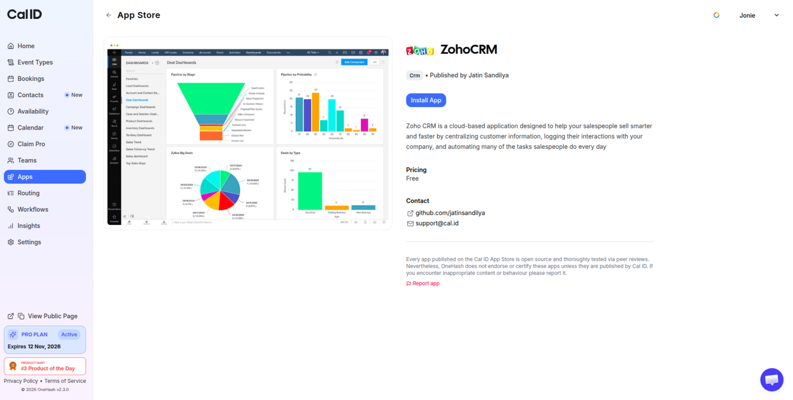 ZohoCRM app detail page with the Install App button at the top