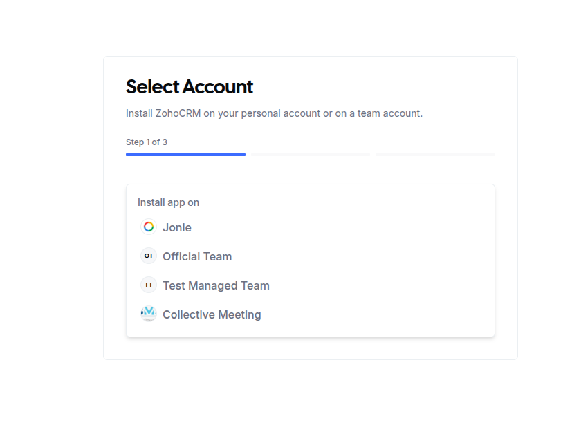 Account picker for the ZohoCRM install, listing your Team profiles and your Personal profile