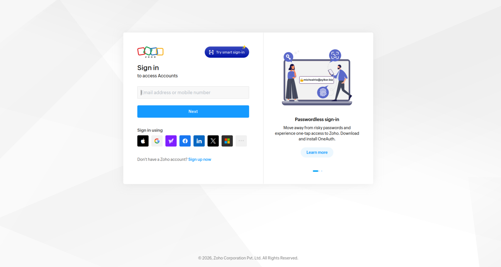 Zoho CRM sign-in page with email and password fields, opened as part of the Cal ID authorization flow