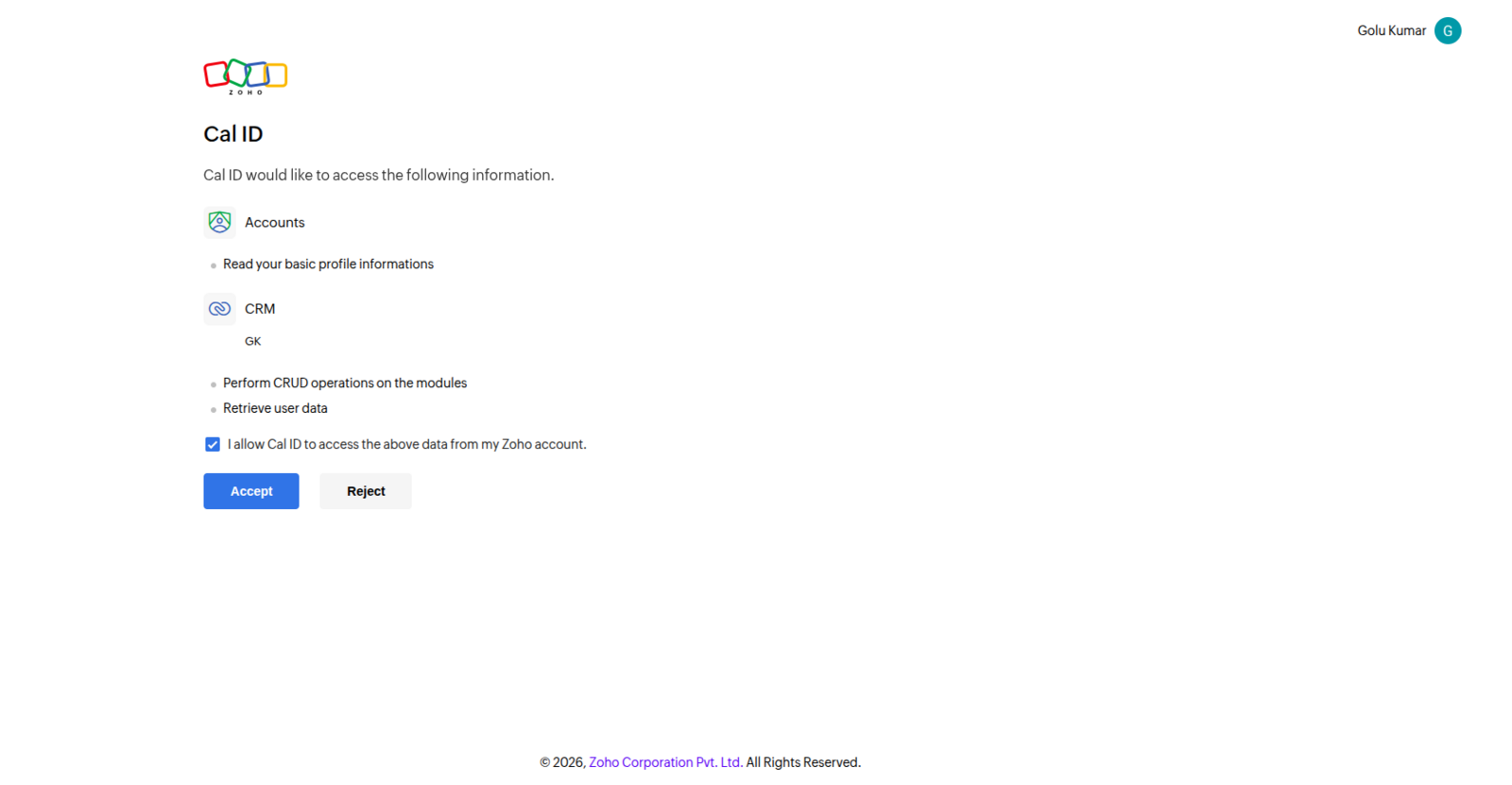 Zoho consent screen listing the permissions Cal ID requests, with Accept and Reject buttons