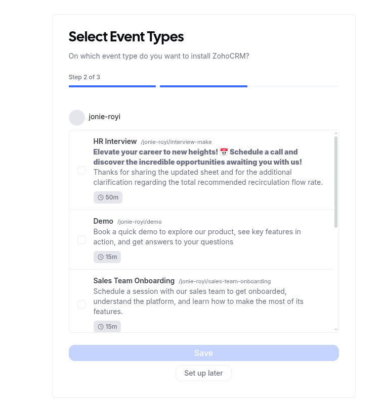 Event type mapping screen for Zoho CRM, listing your event types with selection controls and a configure later link