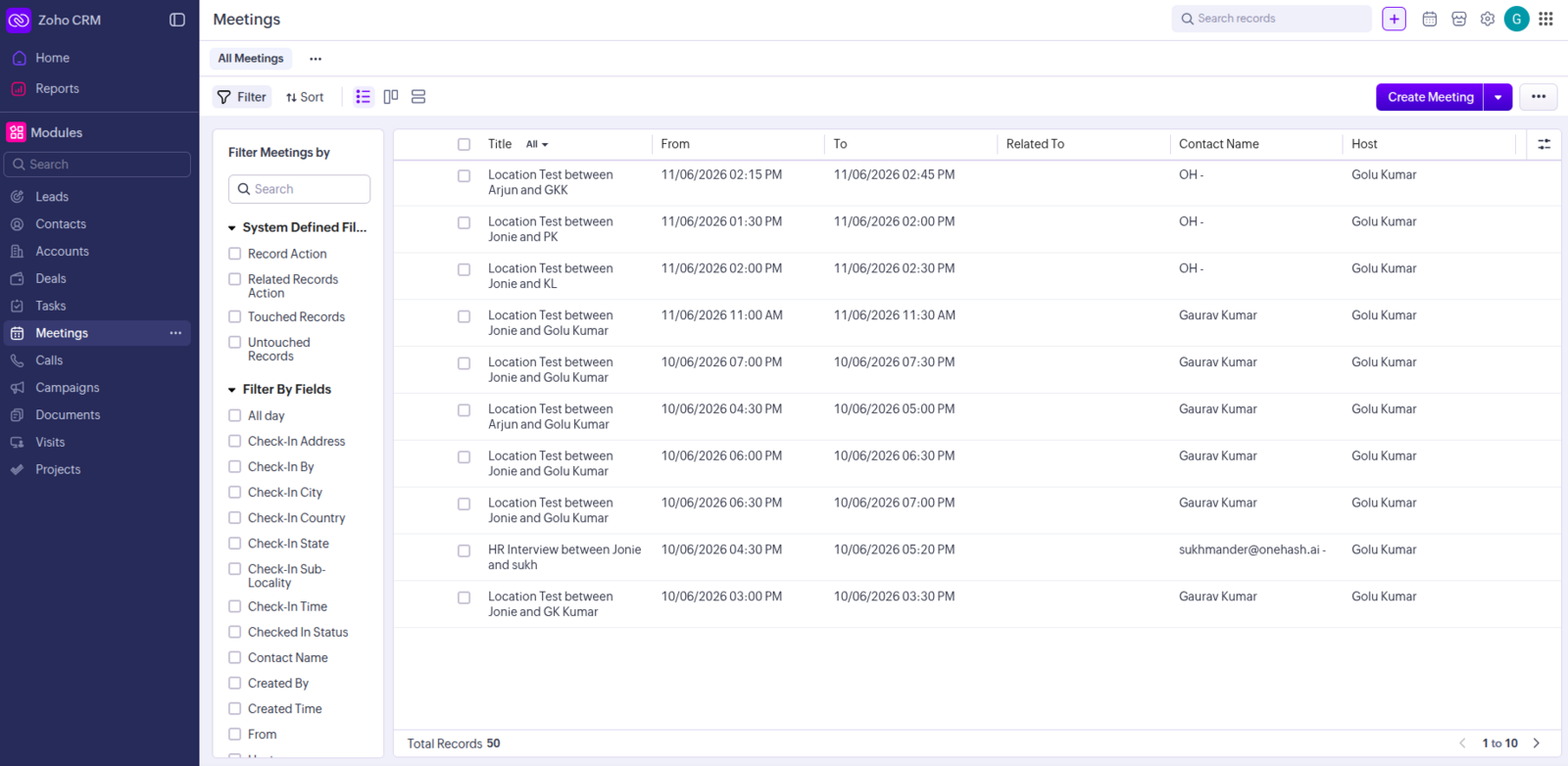 Zoho CRM All Meetings table listing bookings synced from Cal ID with their dates and related contacts