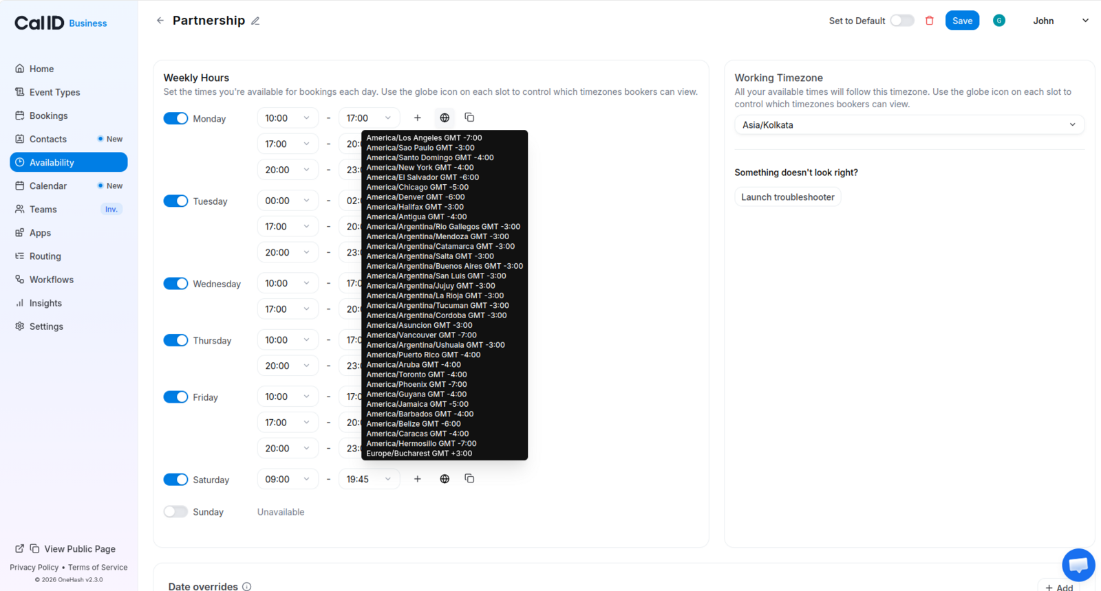 Timezone dropdown open beside a time slot, with several zones ticked and listed as selected chips