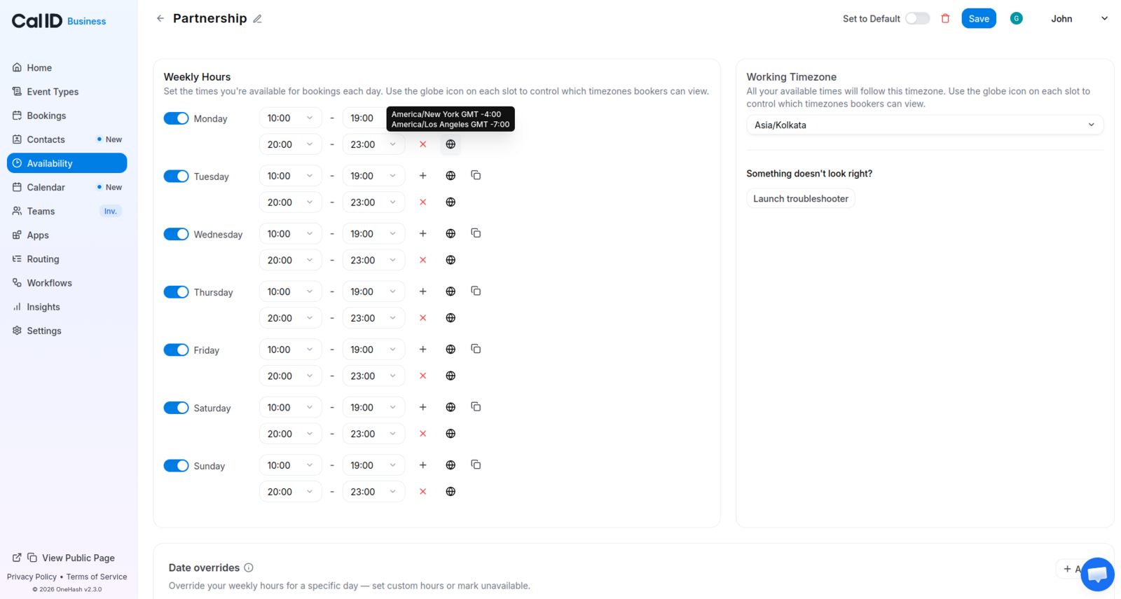 Monday row of an availability schedule with two time slots, the daytime slot tagged Asia/Kolkata and the evening slot tagged with US timezones