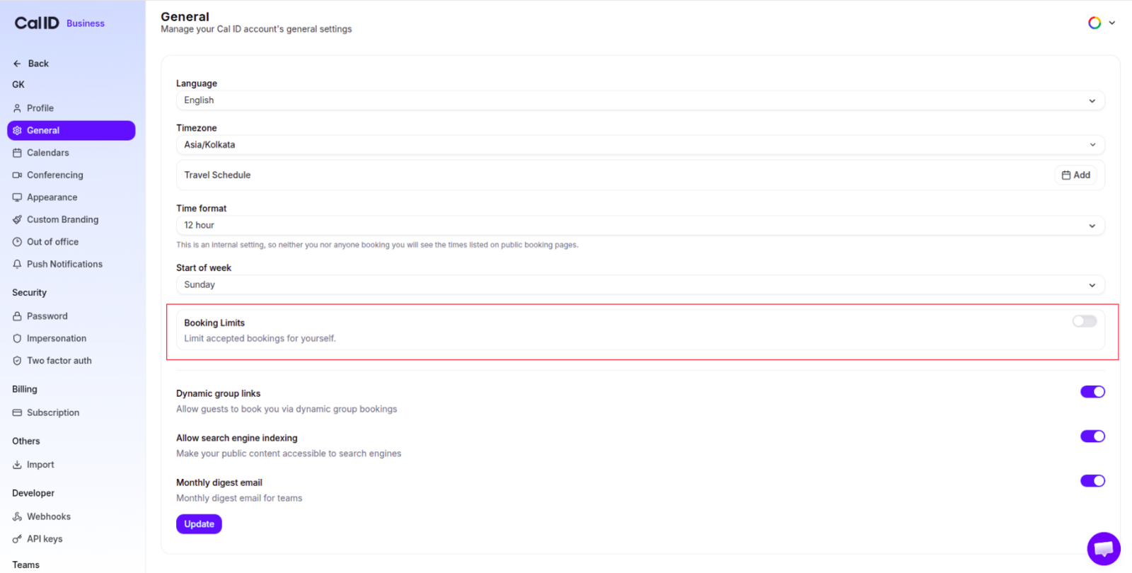 General settings page scrolled to the Booking Limits section, showing its description and an off toggle at the right