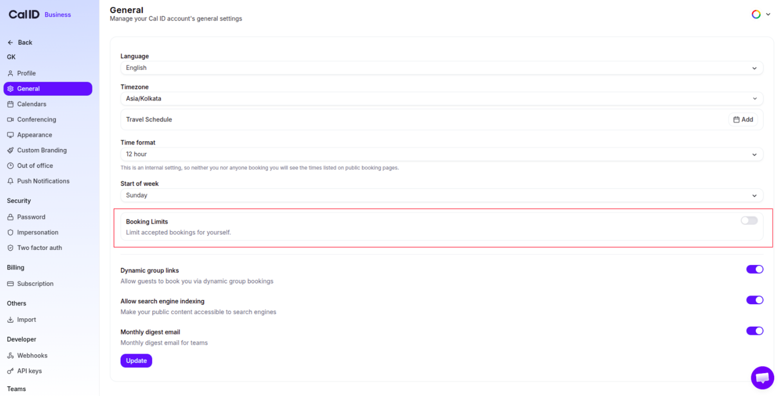 Booking Limits toggle switched on, expanding the section to reveal the Add Limit button beneath it