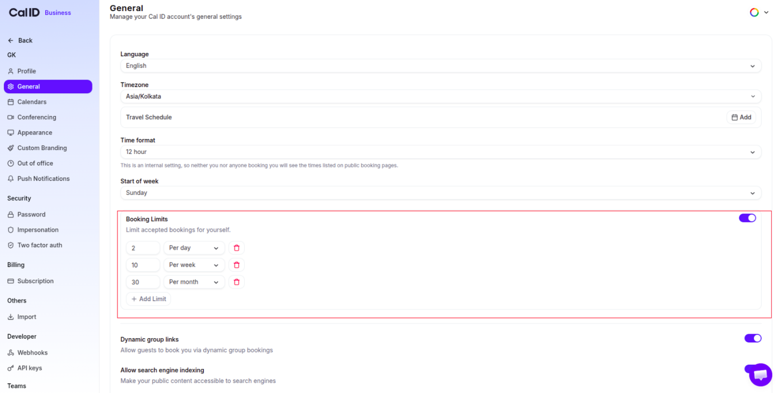 Booking Limits section with three stacked limit rows reading 2 Per day, 10 Per week and 30 Per month, each with its own delete icon