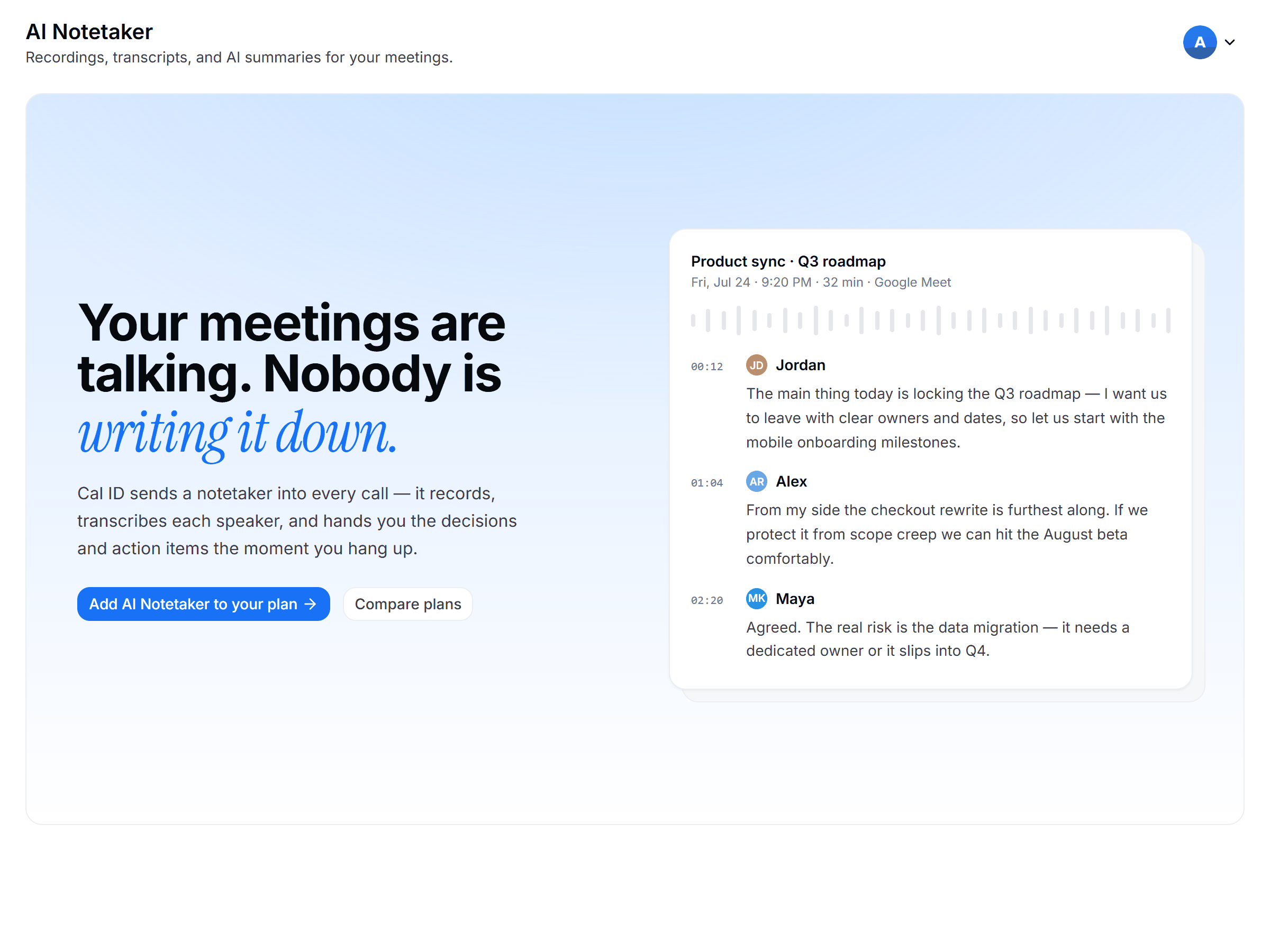 AI Notetaker dashboard with the Meetings, Send Bot to Meeting, and Settings tabs across the top