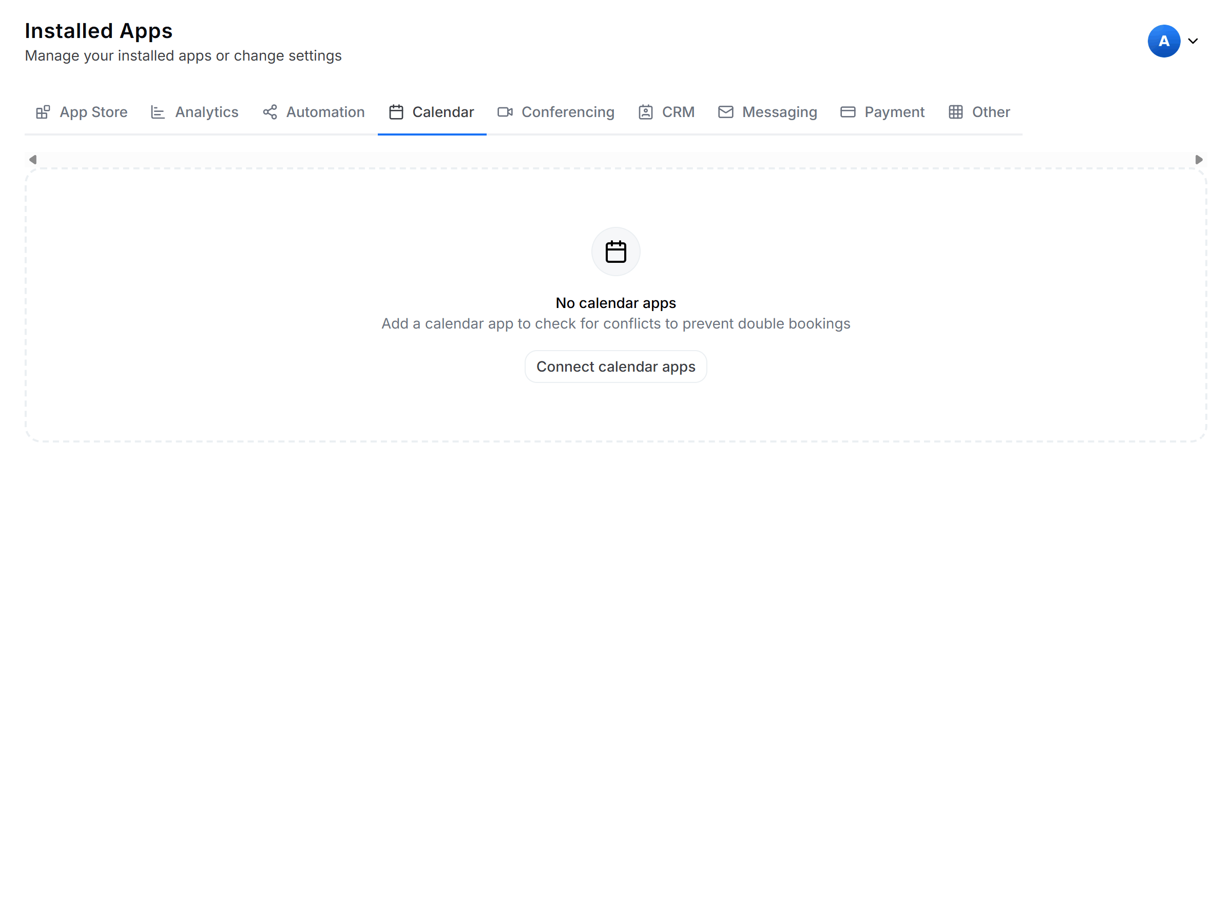 Installed Apps tab in Cal ID listing connected integrations grouped by category, each row opening its settings