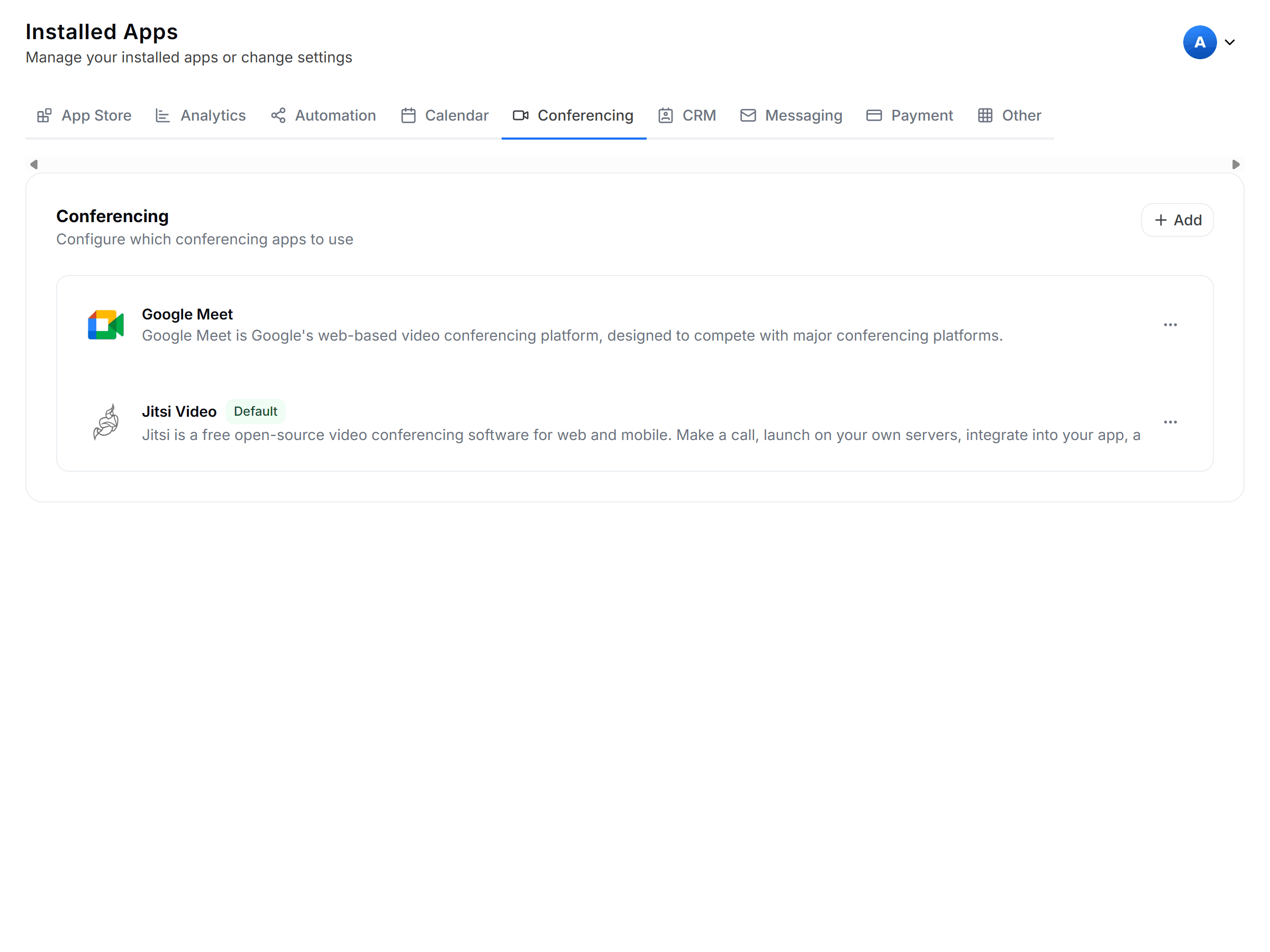 Installed Apps page with the Conferencing category selected, so only video conferencing integrations are shown