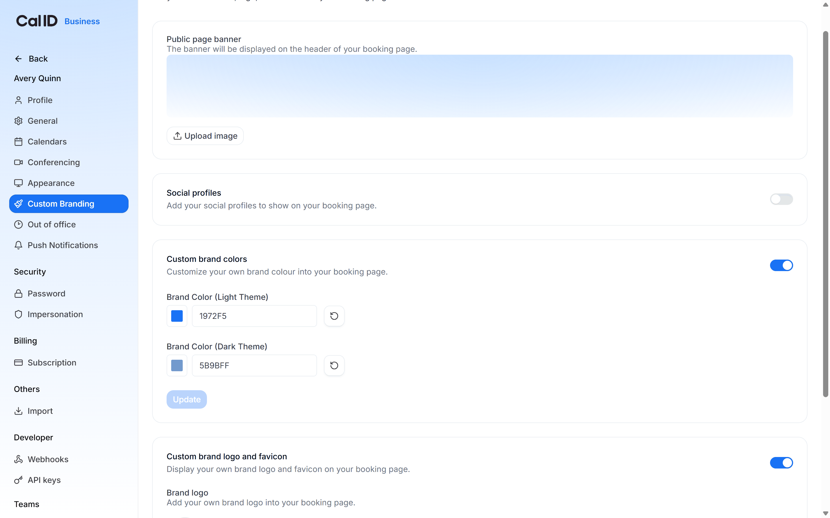 Custom Branding tab scrolled to the Custom brand colors section with its toggle switched on