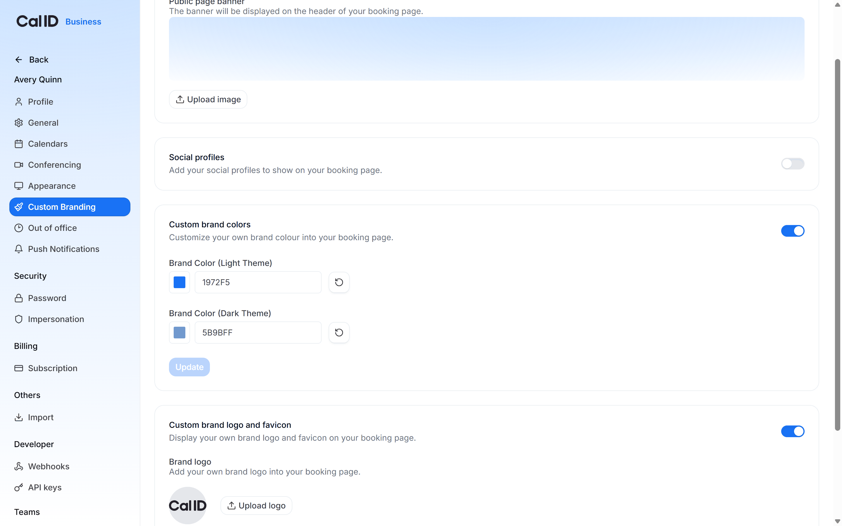Brand color (light theme) field with a hex code entered and the color picker swatch open beside it