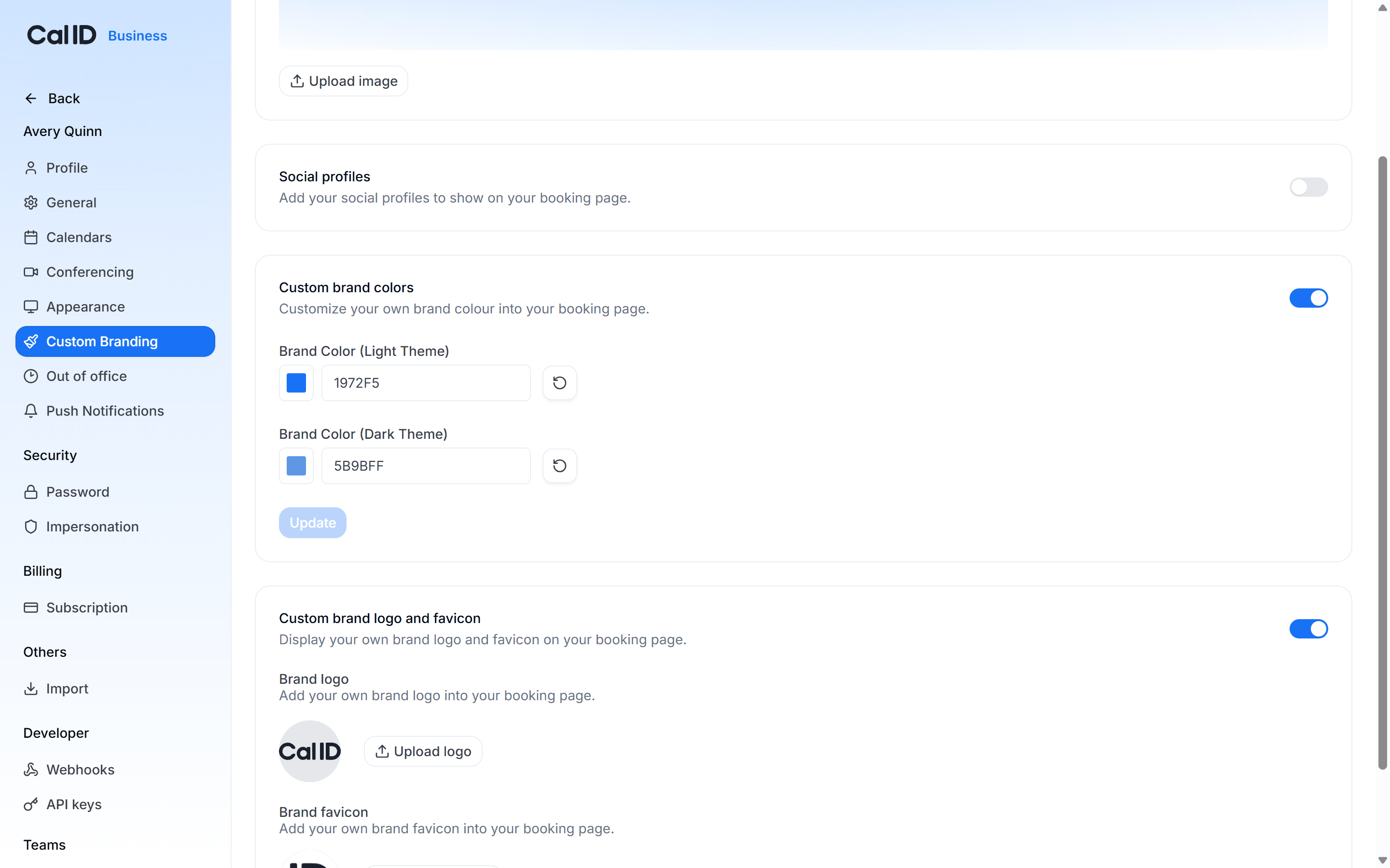 Brand color (dark theme) field with a hex code entered and the color picker open beside it