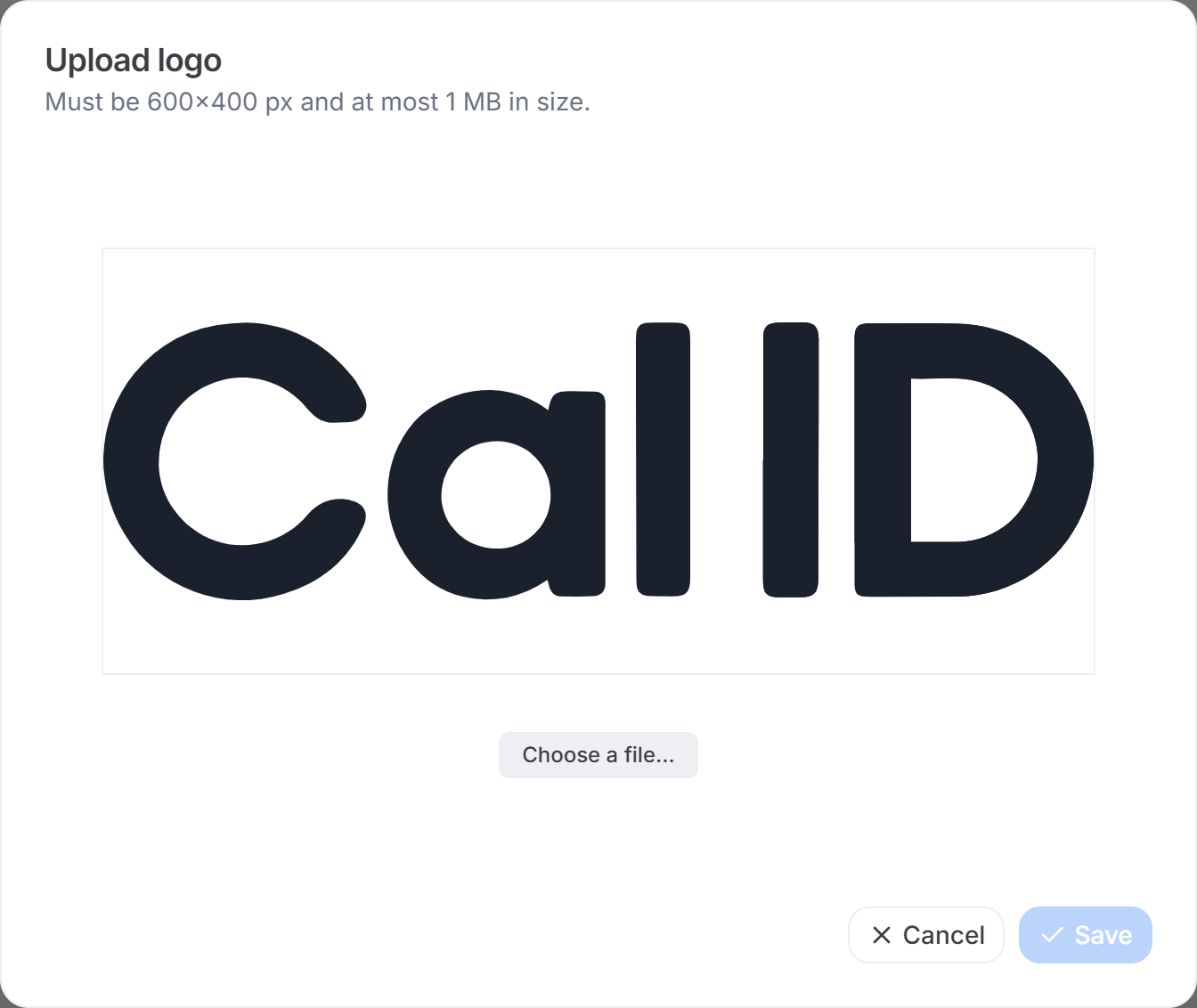 Upload logo dialog with a file picker, an image preview, and the 600 x 400 px requirement