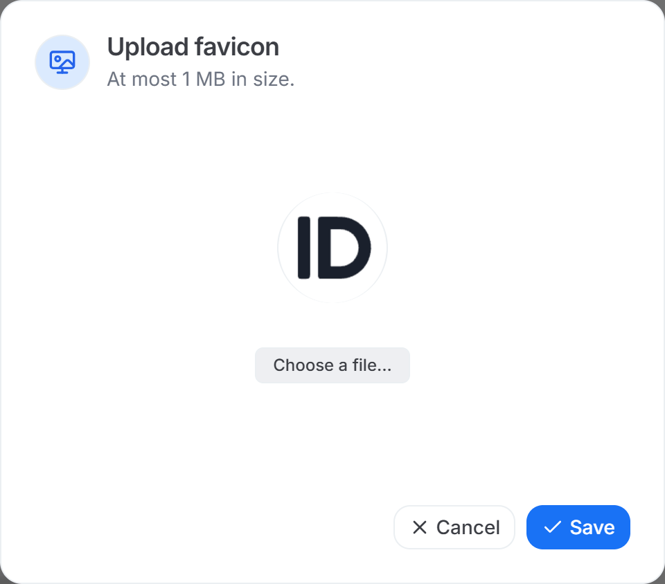 Upload favicon dialog with a file picker and the 1 MB file size limit