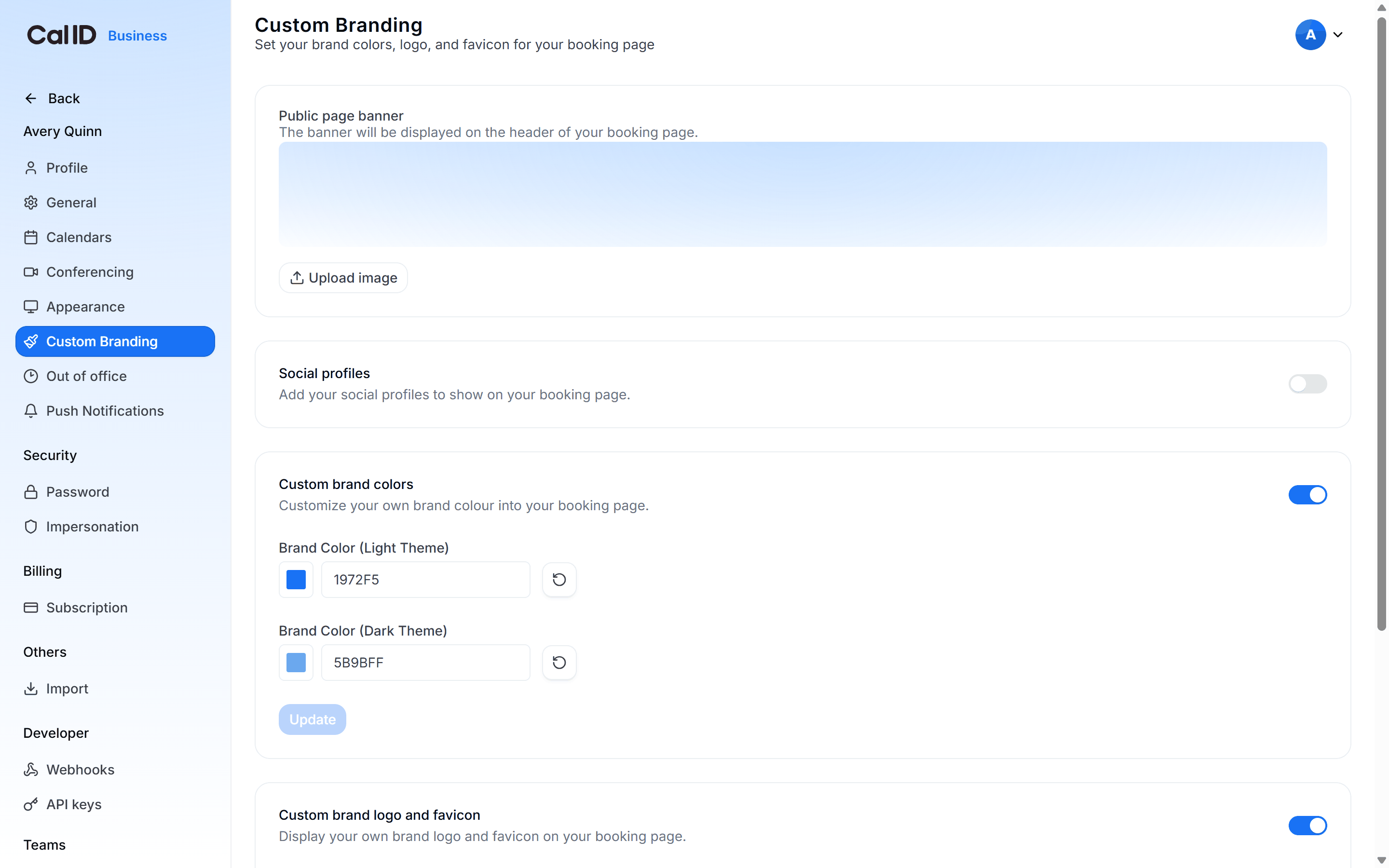 Public page banner section of Custom Branding with an empty banner preview area and an Upload image button