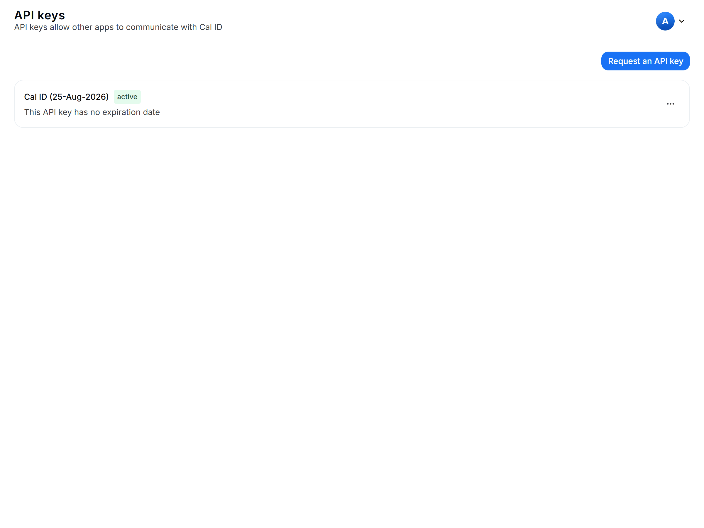 API Keys page under Settings → Developer, listing existing keys beside a Create an API Key button