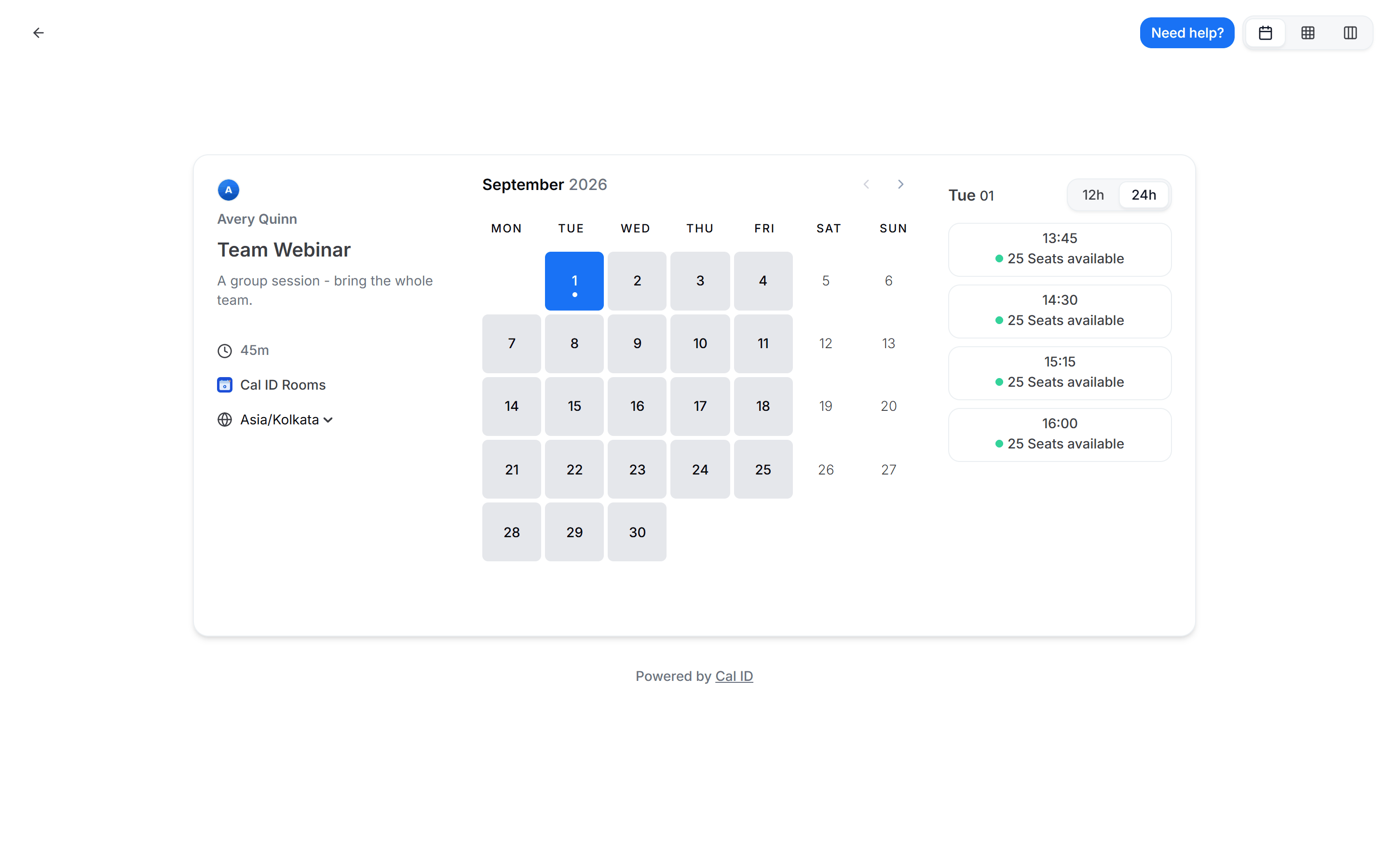 Booking page time slot labelled with the number of seats still available for that session