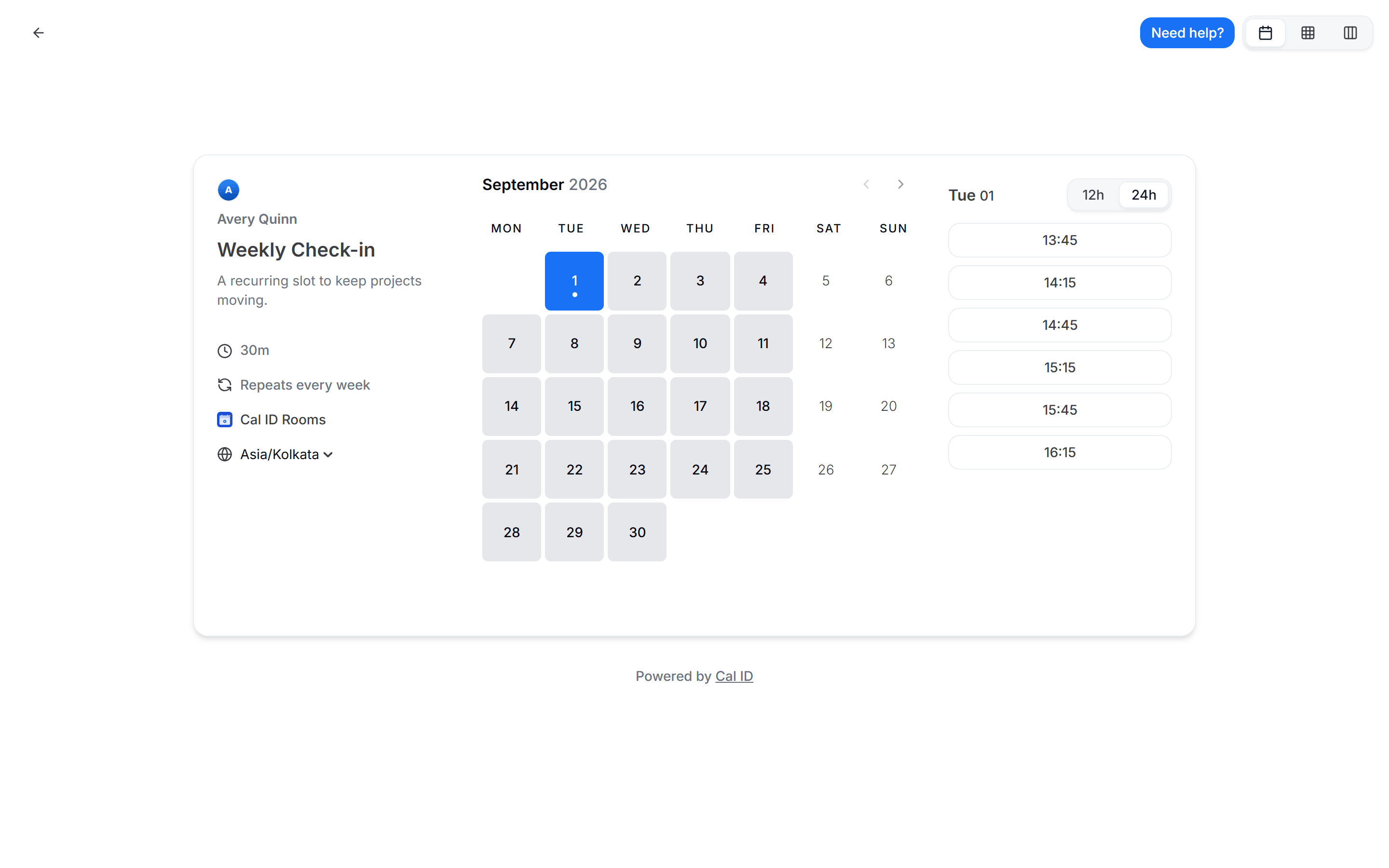 Booking page for a recurring event with an "Occurs 10 times" label listed alongside the event duration