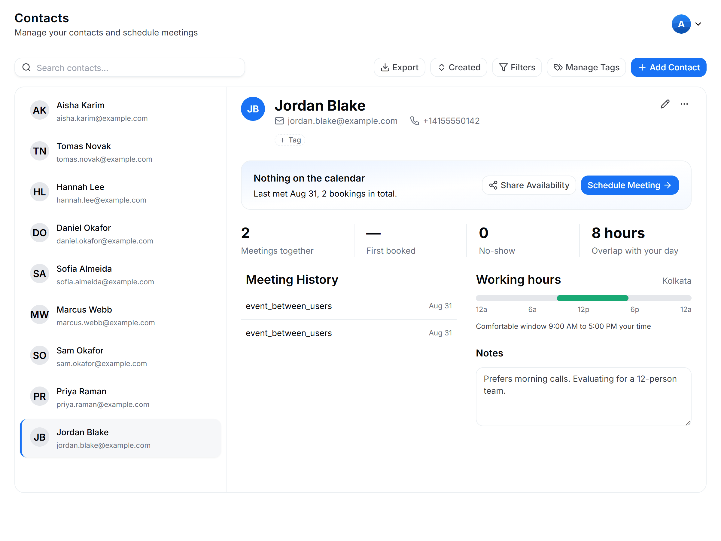 Contact profile page showing contact details, private notes, and the Upcoming Meetings and Meeting History lists