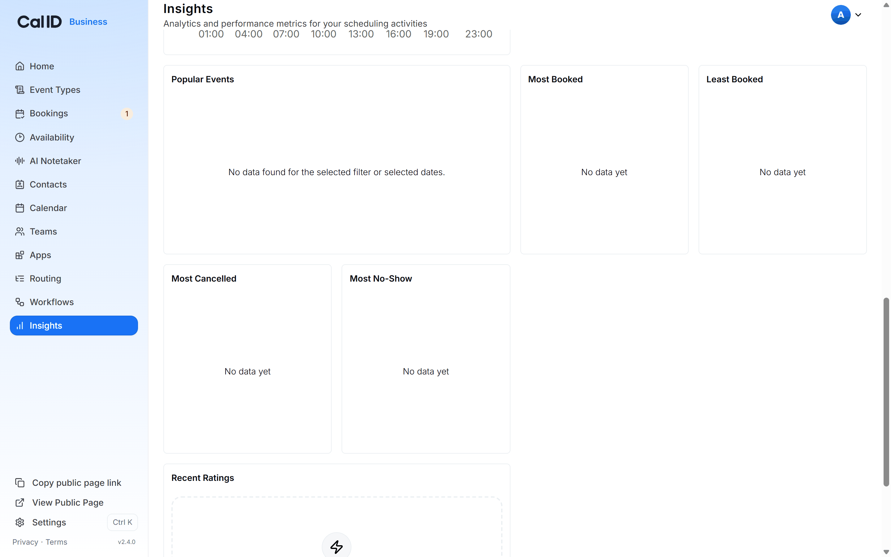 Lower half of the Bookings insights tab with the Bookings by Hour and Average Event Duration charts beside the Popular Events, Most Cancelled and Most No-Show ranked lists