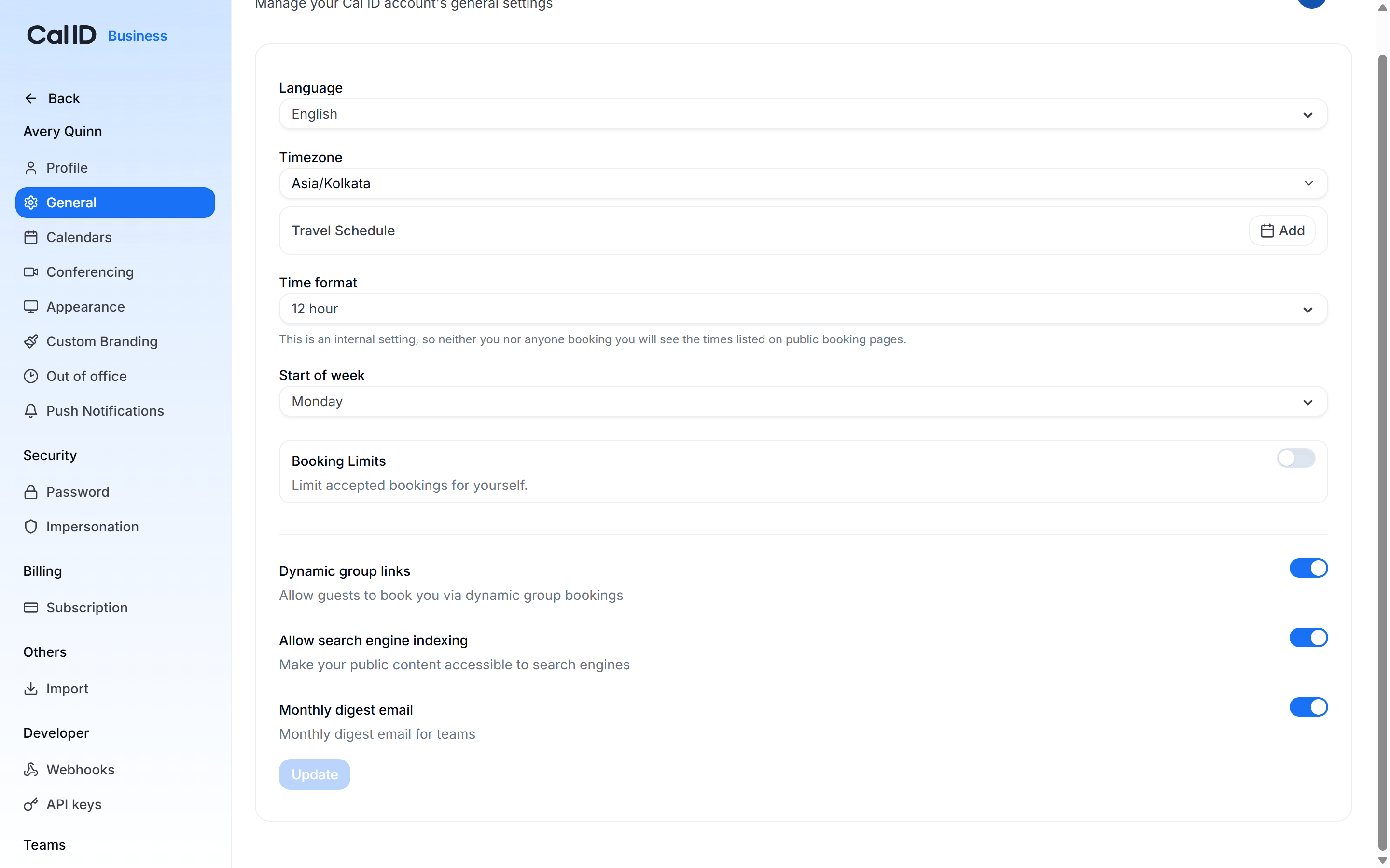 General settings page showing the Dynamic Group Links row with its explanatory text and the opt-in toggle switched on at the right