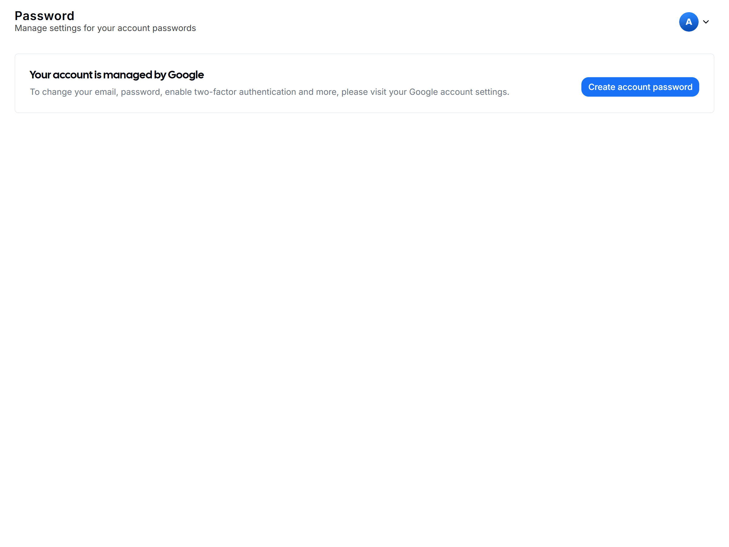 Password settings page with masked Old password and New password fields stacked above the blue Update button