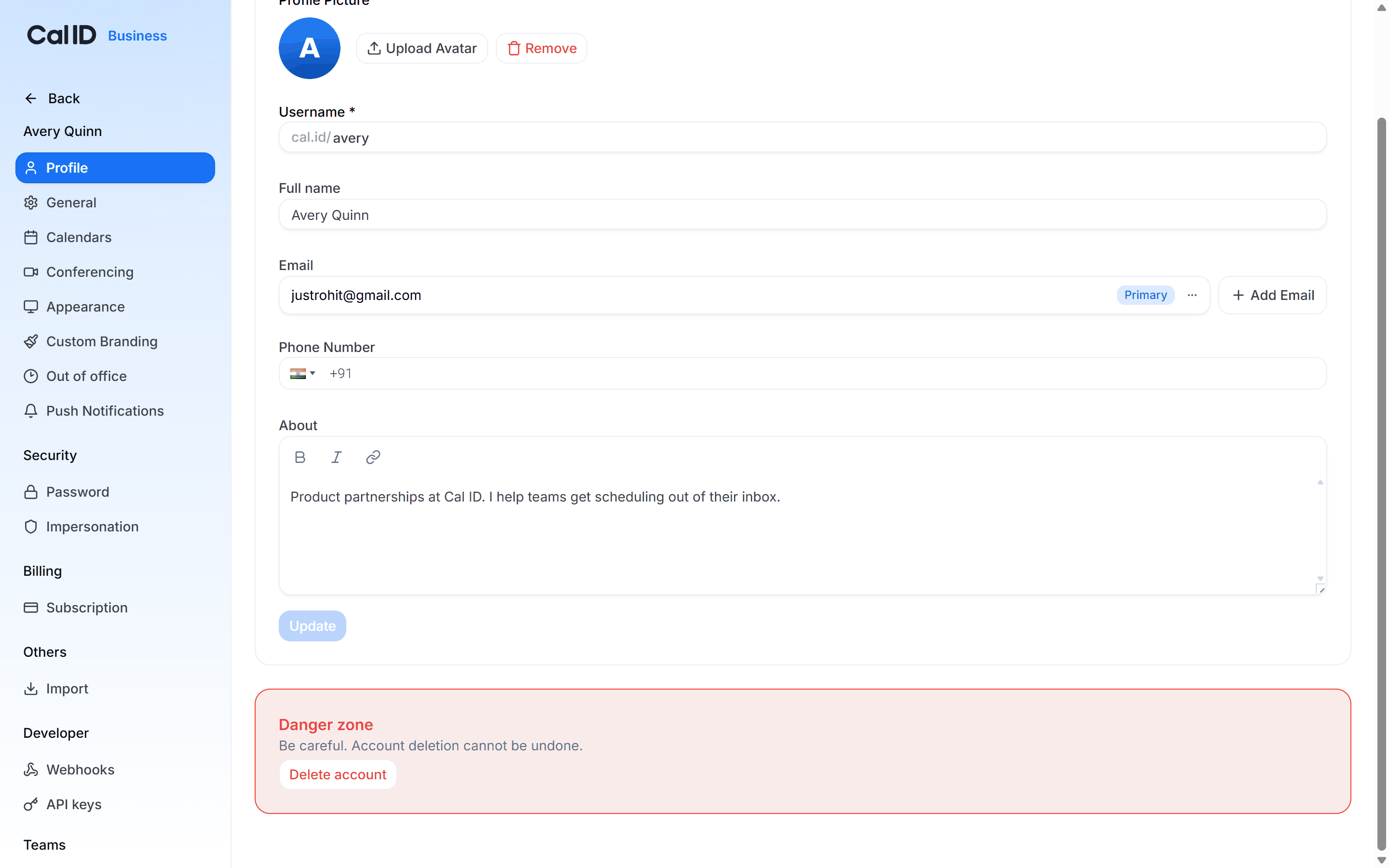 Danger zone panel at the foot of the Profile page, with warning text and a red Delete account button