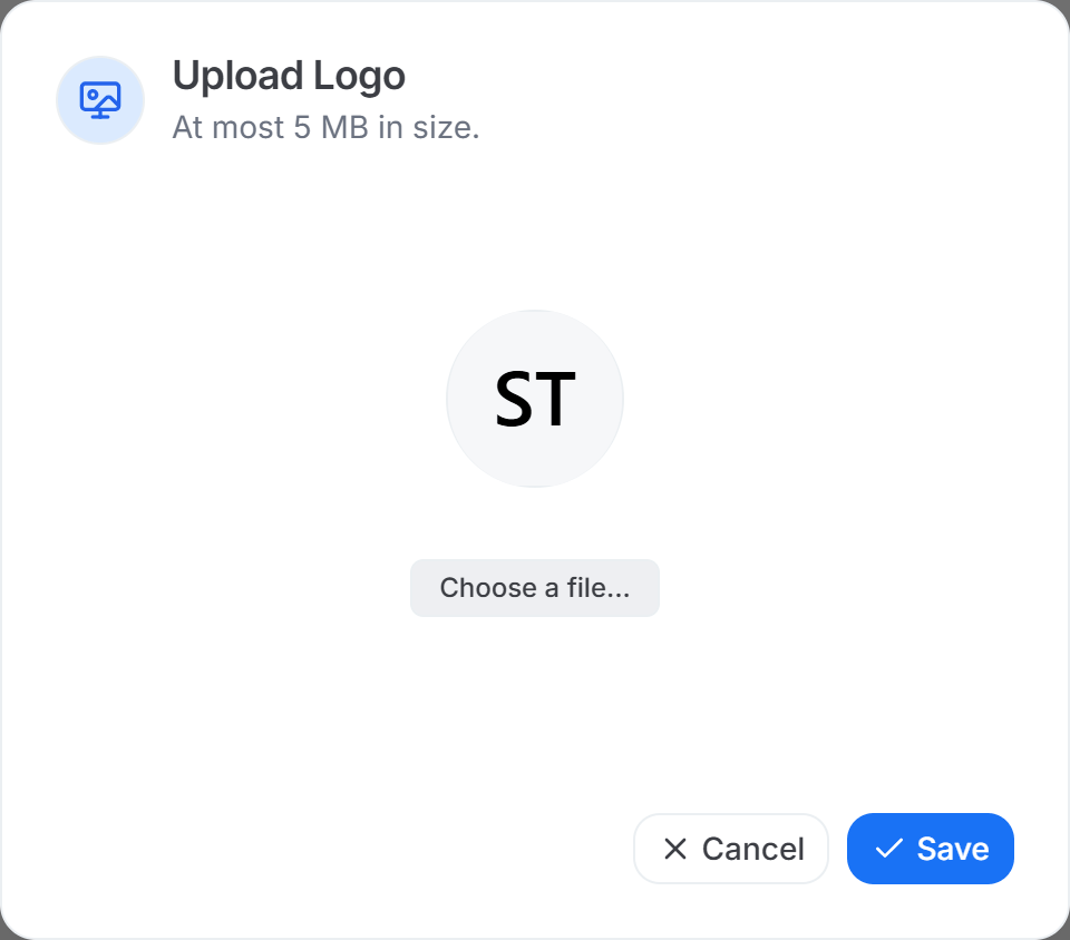 Upload logo modal on the team Profile page with a Choose a file button, an image preview area, and a Save button