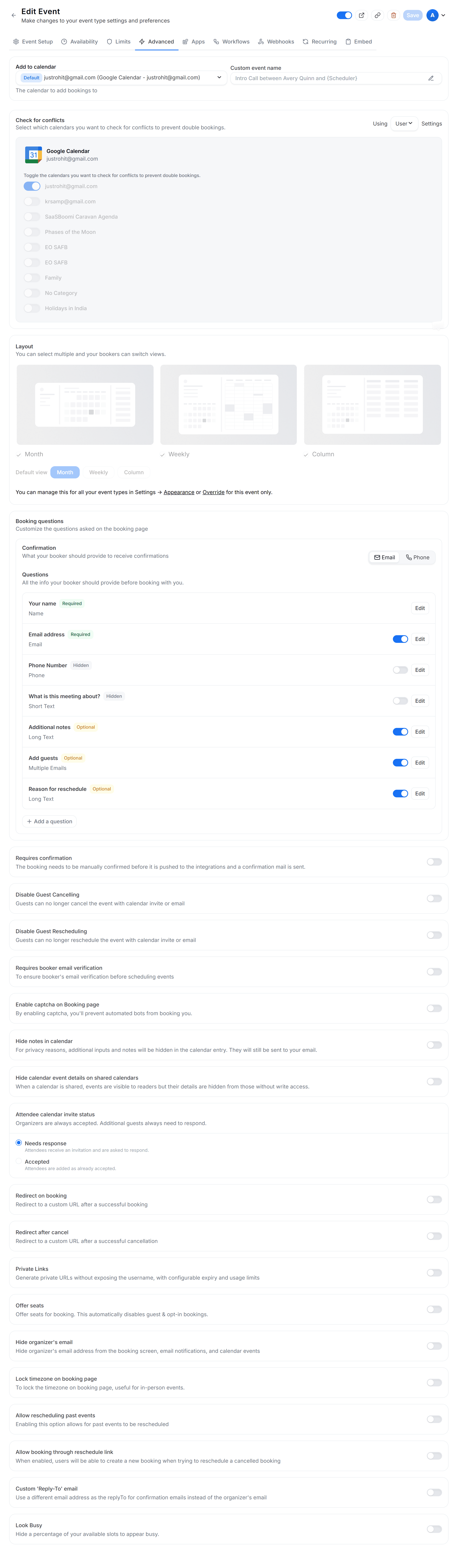 Advanced tab with the Add events to calendar dropdown open, listing the connected Google, Outlook, and Apple calendars
